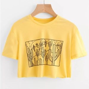 Bright yellow cactus print desert short sl…